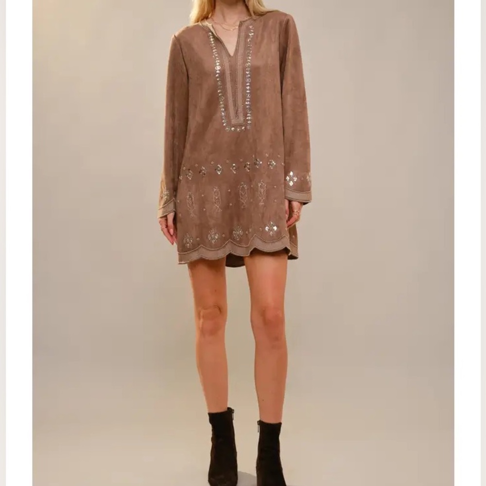 Blue B Beaded Taupe Mini Dress with Scalloped Hem